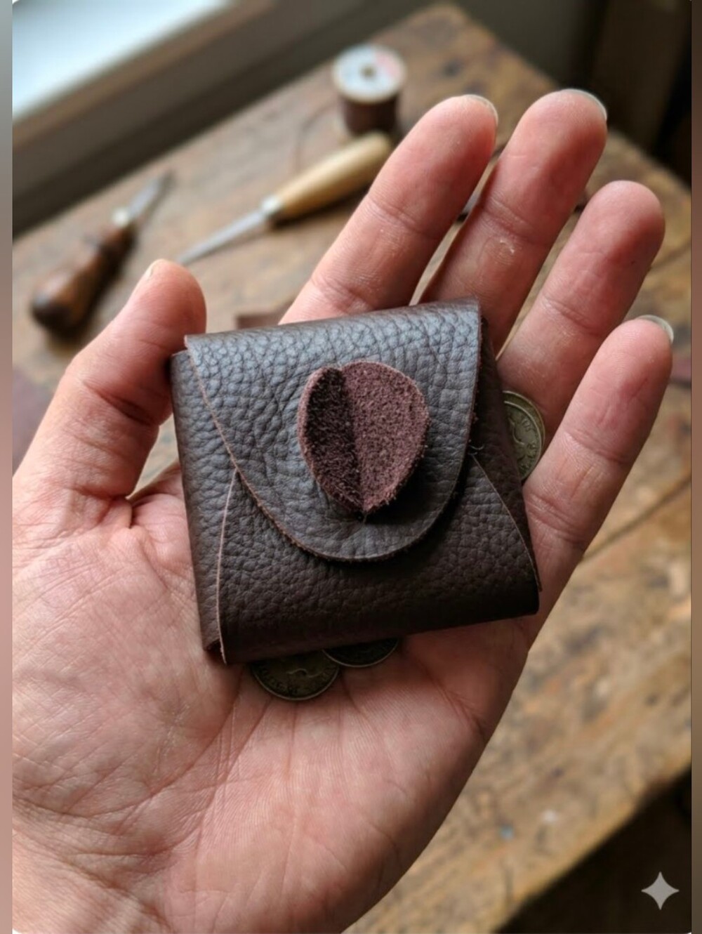Handmade Genuine Leather Origami Coin Pouch Chocolate Brown #01